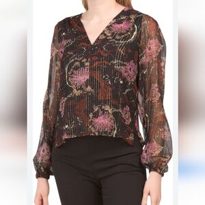 A.L.C. Mac Crinkle Silk Chiffon Floral V-Neck Top Sheer Sleeve Gold Size 14